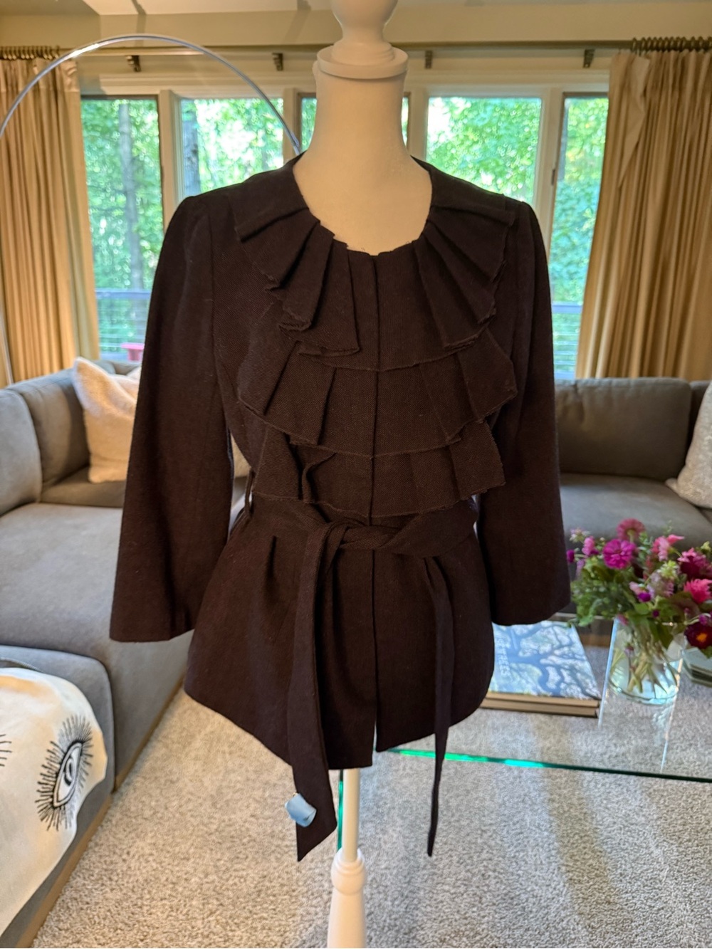 LOFT Eggplant Brown Tiered Ruffle Belted Blazer